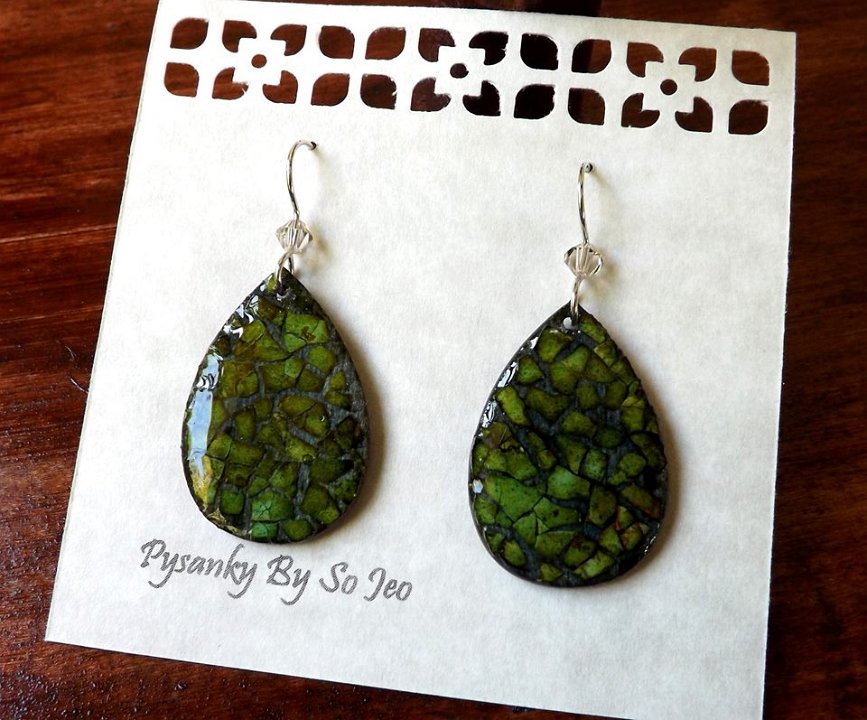 Green Teardrop Earrings Eggshell Mosaic Jewelry by So Jeo